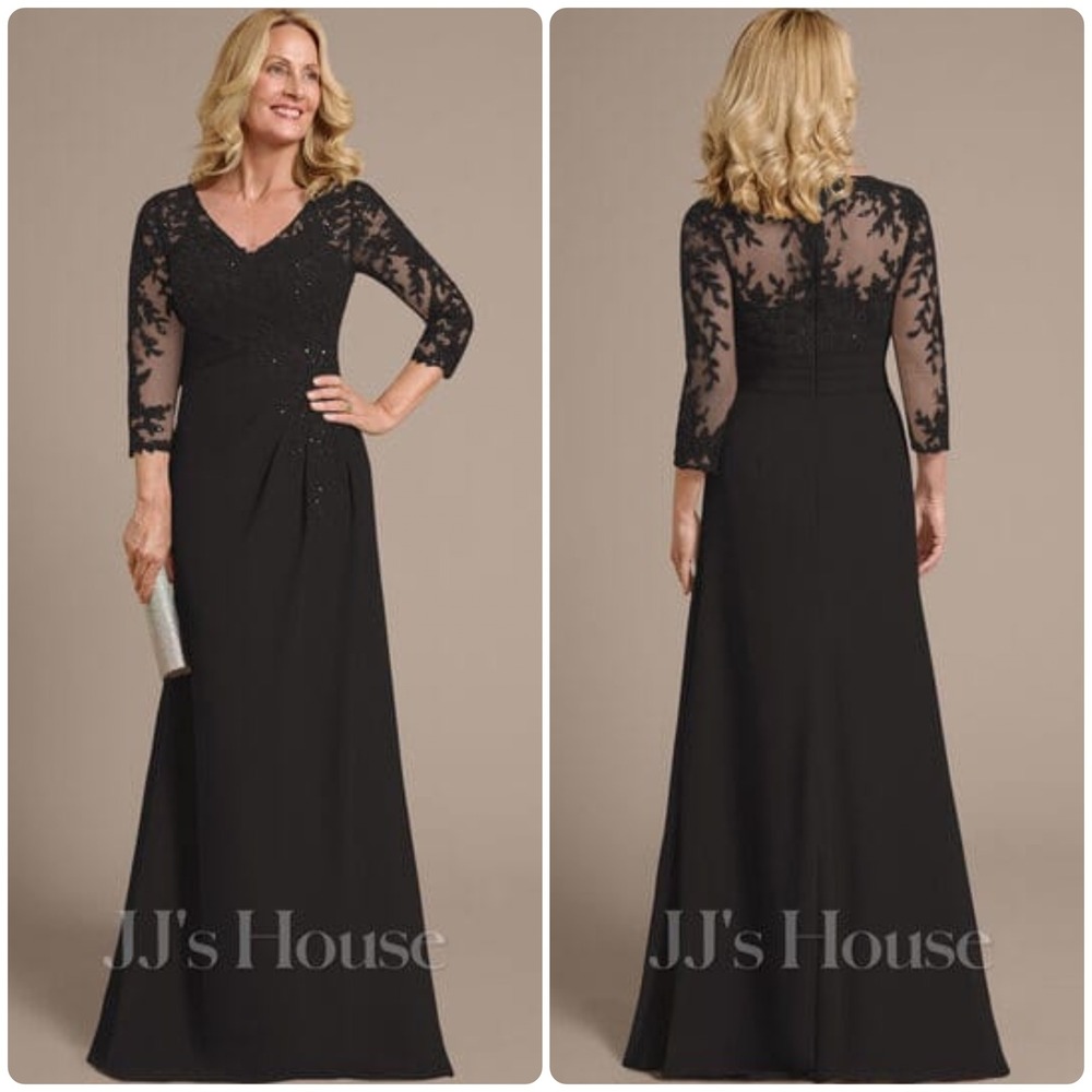 JJ's House Valarie Black Sheath Column V-neck Sequins Lace Dress Formal Gown‎ Lg